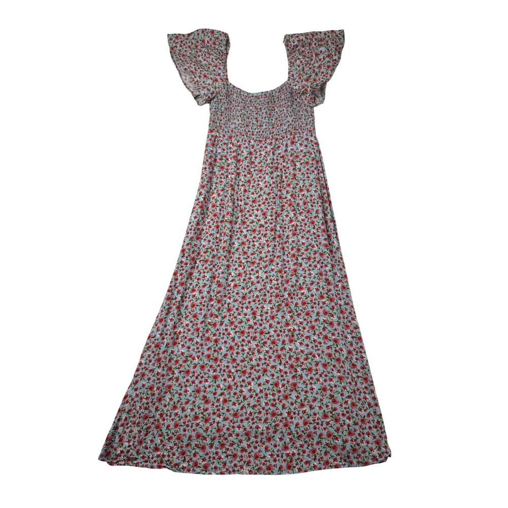 Zara Womens Floral Smocked Midi Dress Blue Red Flutter Sleeve Medium - Picture 3 of 9